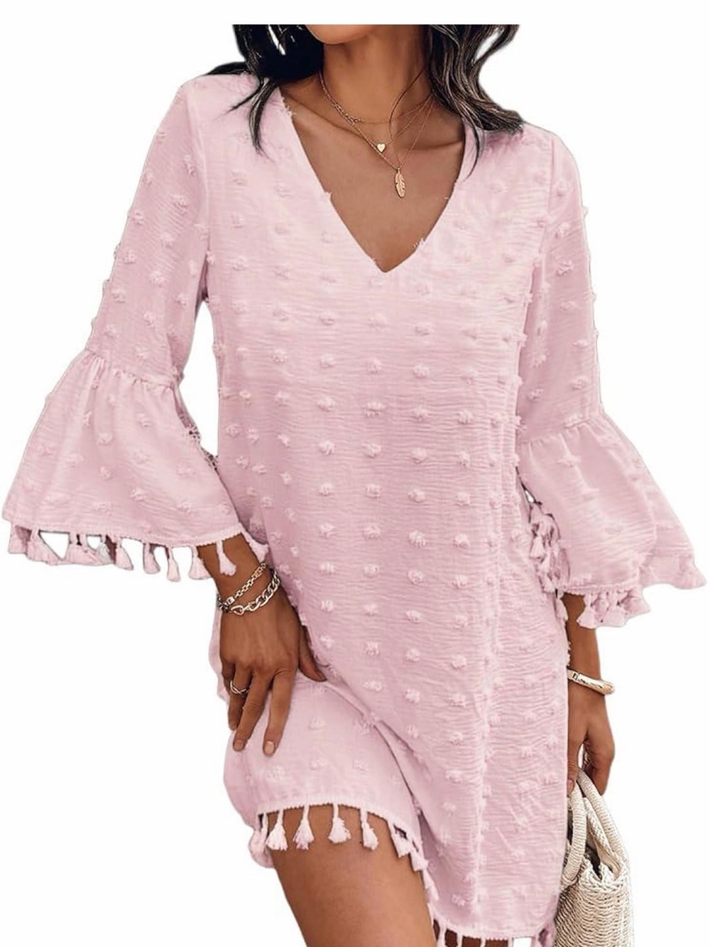 CHICME Women's Summer Dress Swiss Dot V-Neck Bell Sleeve Shift Dress Casual Flow